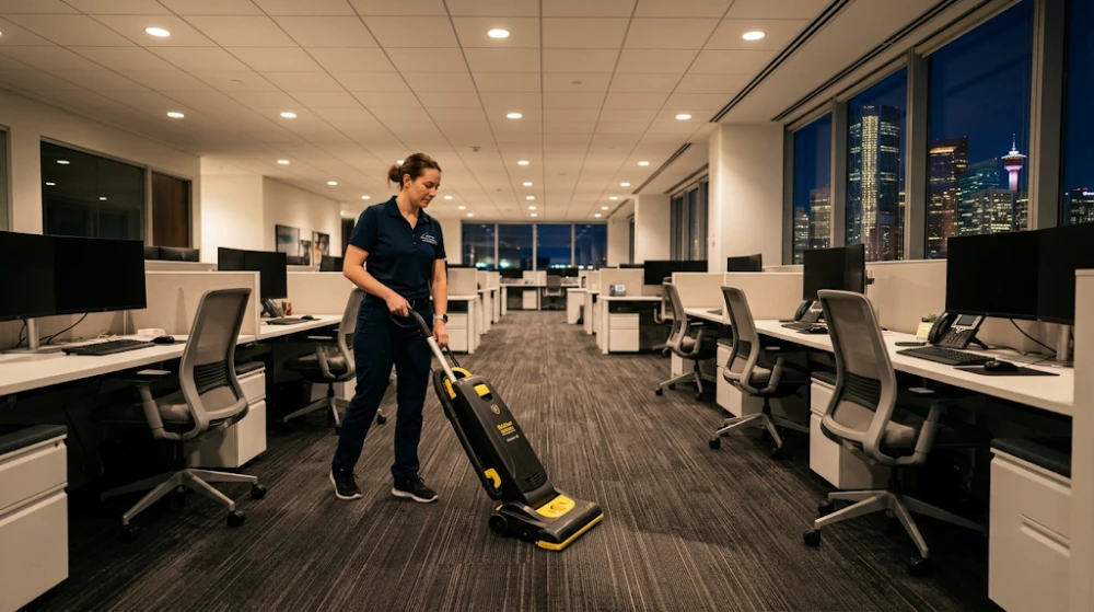 Professional commercial cleaning team vacuuming and sanitizing an open-plan Calgary office after business hours