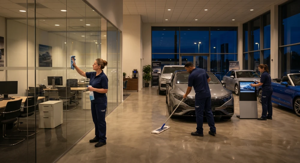 A professional cleaning crew working after hours to detail a car dealership showroom.