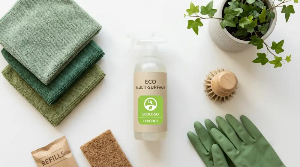 Eco-friendly and EcoLogo certified commercial cleaning products with microfiber cloths.