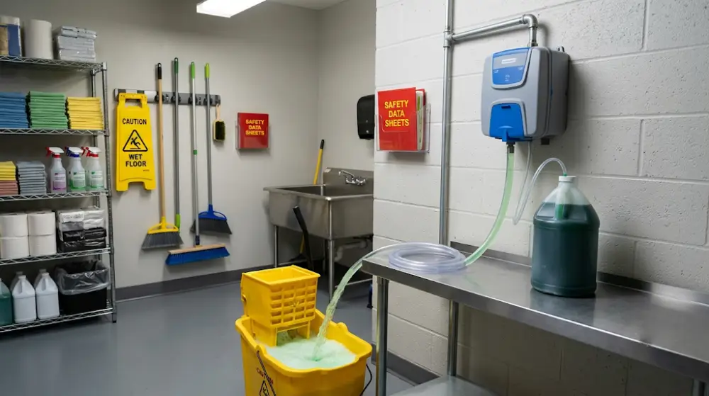 Automated wall-mounted dilution control system for eco-friendly janitorial chemicals.