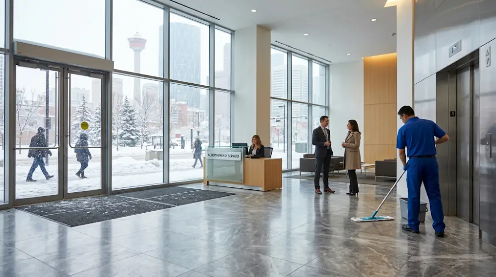 Spotless hard floors in a Calgary corporate lobby during winter.