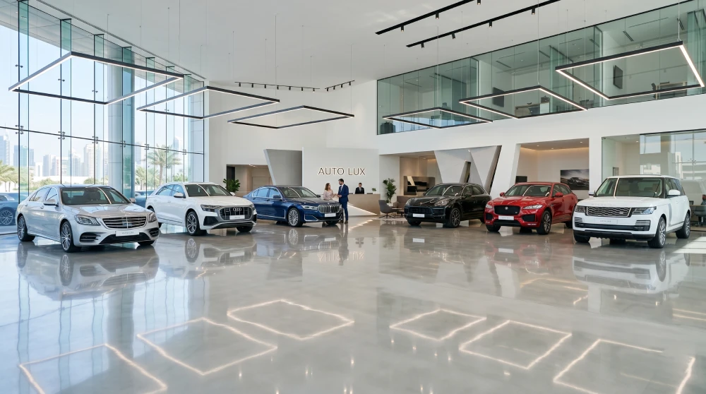 A pristine car dealership showroom with highly polished floors reflecting luxury vehicles.