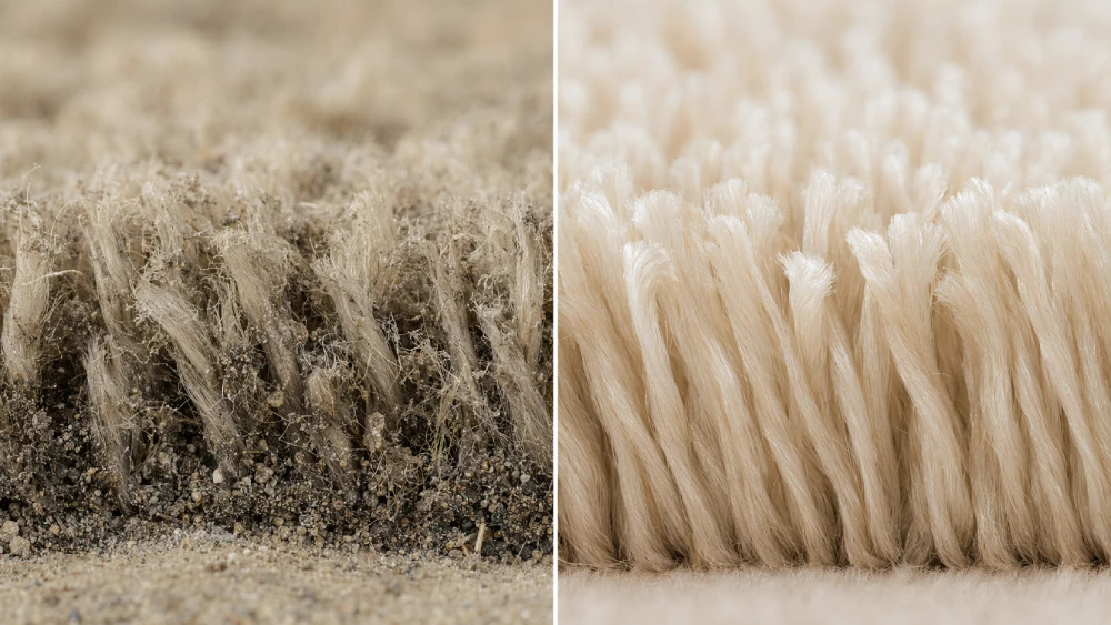 office carpet cleaning A close-up comparing dirty, matted carpet fibers with clean, restored fibers after professional extraction.