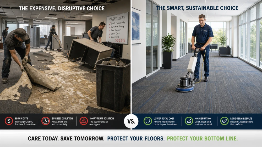 carpet maintenance services The high cost and disruption of carpet replacement compared to the ease of regular commercial carpet maintenance.
