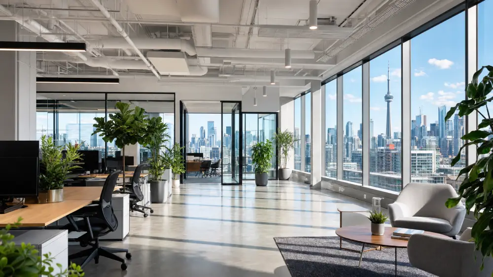 commercial cleaning Edmonton Bright, clean, and well-maintained modern Canadian workplace demonstrating excellent indoor air quality.