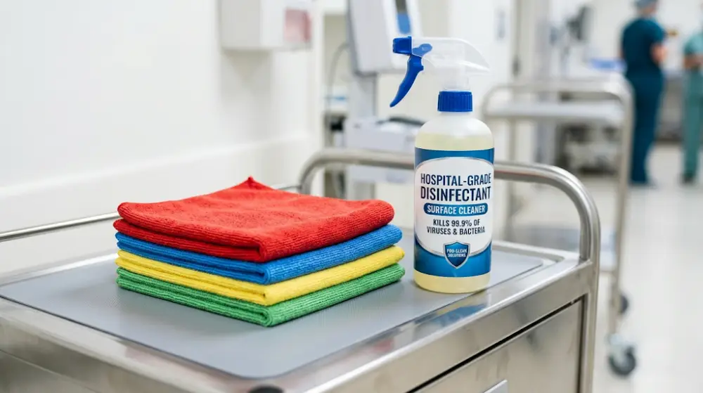 Close-up of color-coded microfiber cloths and medical-grade cleaning supplies used to prevent cross-contamination in Edmonton healthcare facilities.
