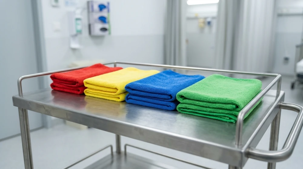 Red, yellow, blue, and green microfiber cloths used to prevent cross-contamination in medical cleaning