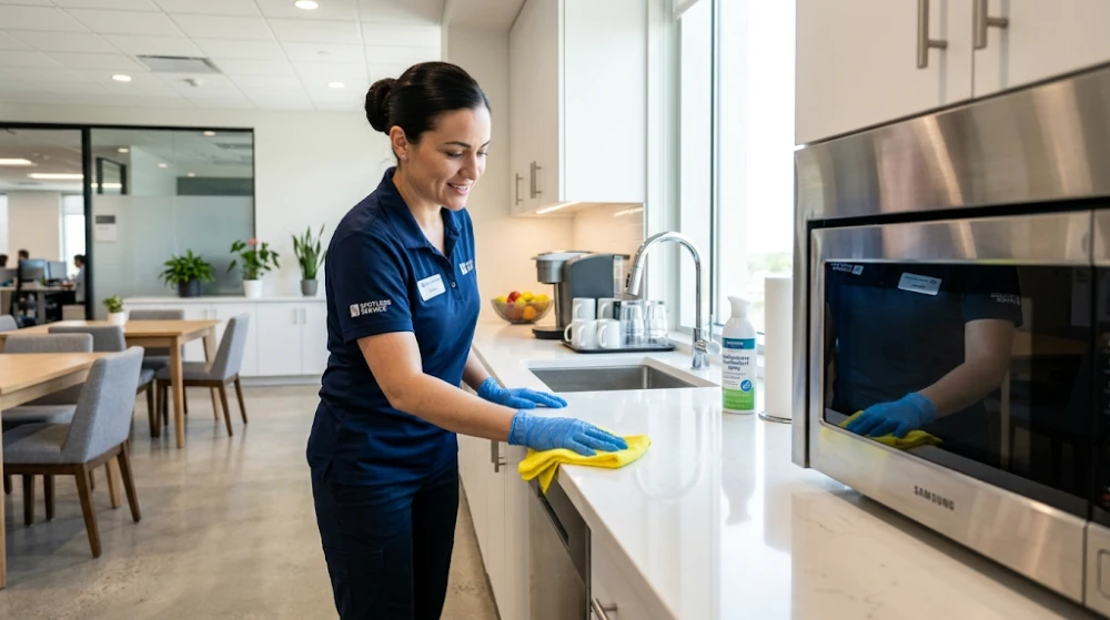 Commercial cleaner wiping down breakroom counters and stainless steel appliances in an office kitchen