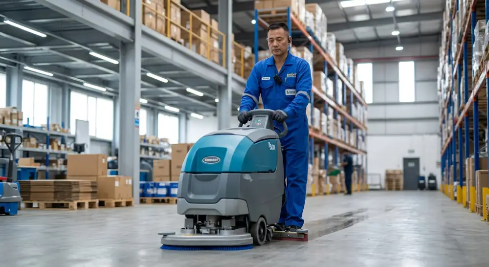 commercial cleaning prices Calgary Professional janitor cleaning a large commercial facility floor with a scrubber machine in Calgary.