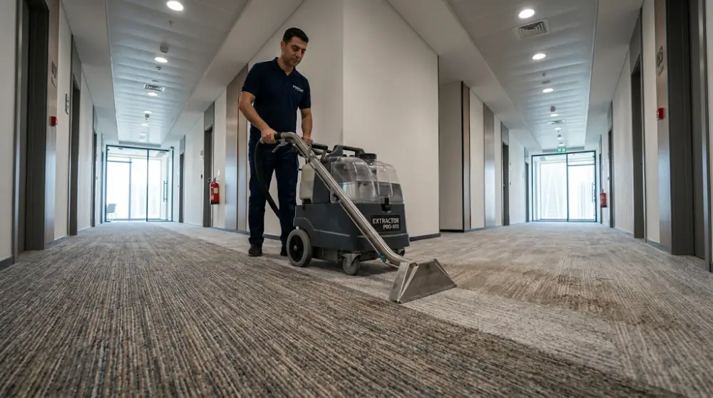 commercial cleaning Edmonton Industrial carpet cleaning equipment being used to deep clean office hallway flooring.