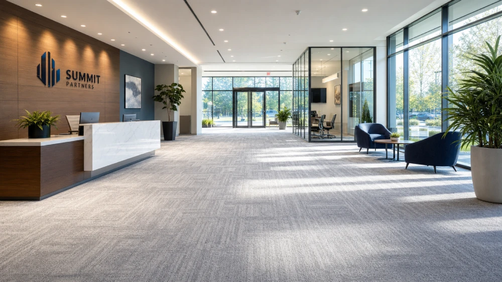 commercial carpet cleaning A pristine commercial carpet in a modern office lobby, demonstrating the results of professional deep cleaning.