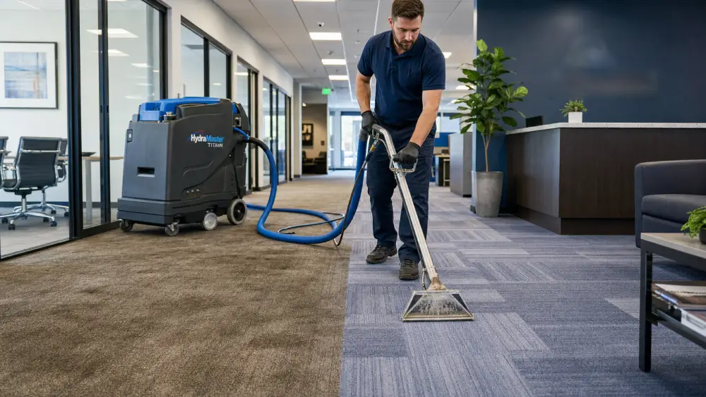 commercial cleaning Calgary Professional carpet deep cleaning removing trapped dust and allergens from high-traffic office flooring.