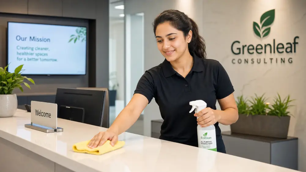 Professional commercial cleaner from Services Pro sanitizing a modern reception desk to ensure a healthy workplace.