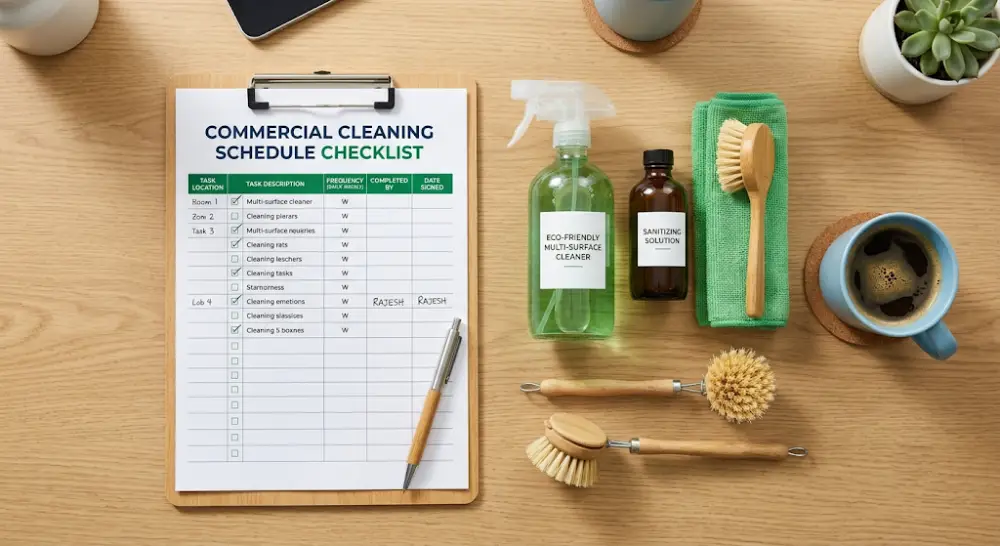 janitorial services Calgary Commercial cleaning schedule checklist and cleaning supplies used by professional office cleaners.