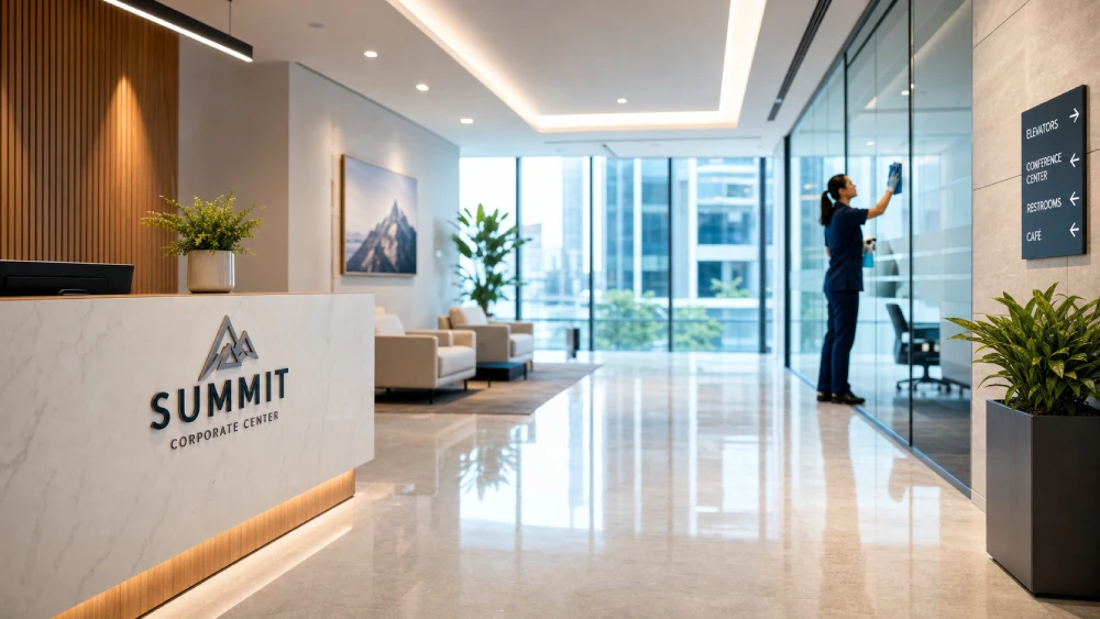 commercial cleaning company A pristine corporate office lobby cleaned by a professional commercial cleaning company in Canada.