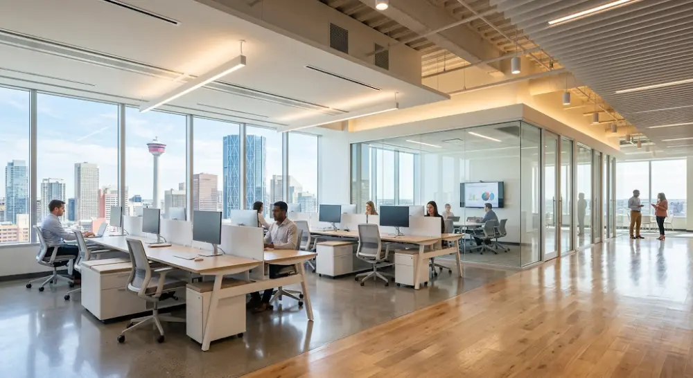 commercial cleaning rates Calgary Modern, clean commercial office space in Calgary highlighting professional corporate cleaning results.