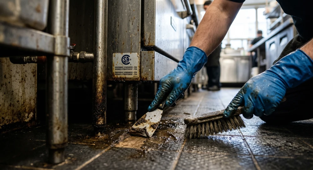 difference between janitorial and deep cleaning A commercial cleaner performing intensive deep cleaning by scrubbing hidden grime and buildup from tile floors.