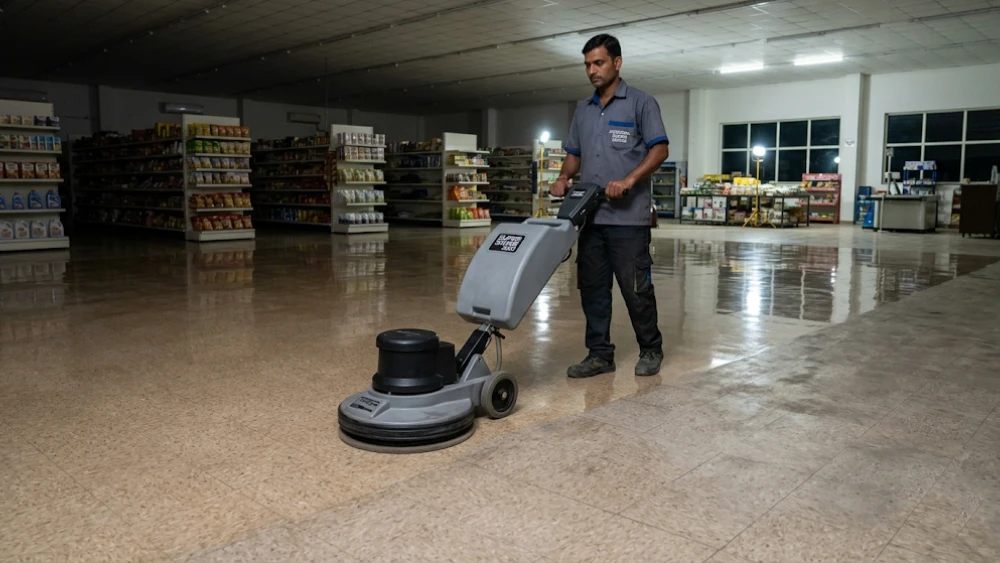 Professional floor stripping and waxing services restoring the shine and durability of commercial retail flooring.