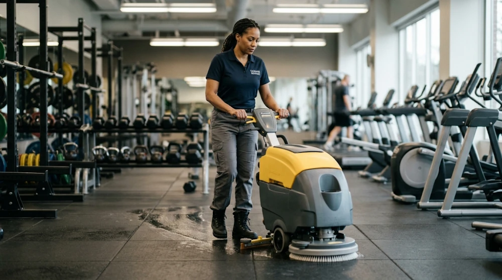 Professional cleaner using an automatic floor scrubber on gym rubber flooring.