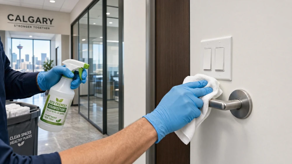 Commercial cleaner wiping down door handles and high-touch surfaces in a Calgary corporate office
