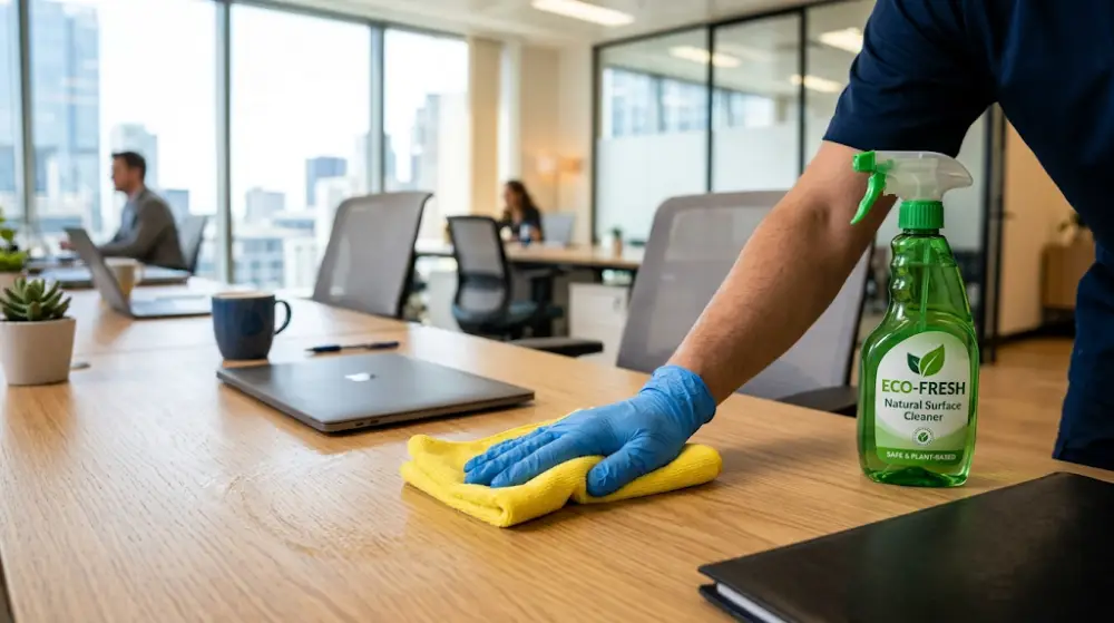A professional cleaner sanitizing a desk in a Calgary commercial office.