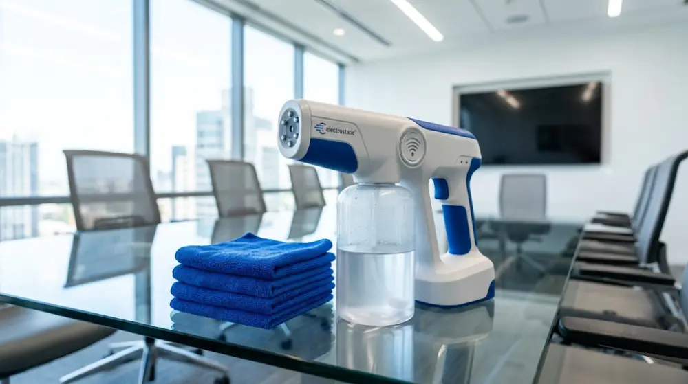 Professional electrostatic disinfectant sprayer and microfiber cloths on a boardroom table.