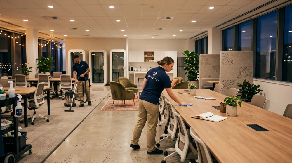 office cleaning schedule Calgary A professional commercial cleaning team maintaining a spotless coworking space after hours with a customized cleaning schedule.