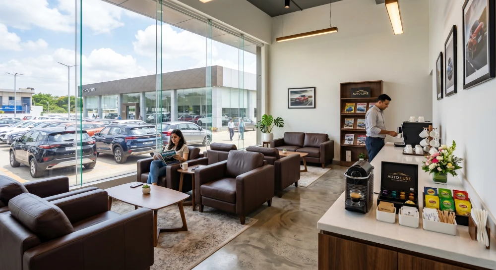 A clean and comfortable customer waiting lounge in a car dealership, featuring a spotless coffee station and seating area.