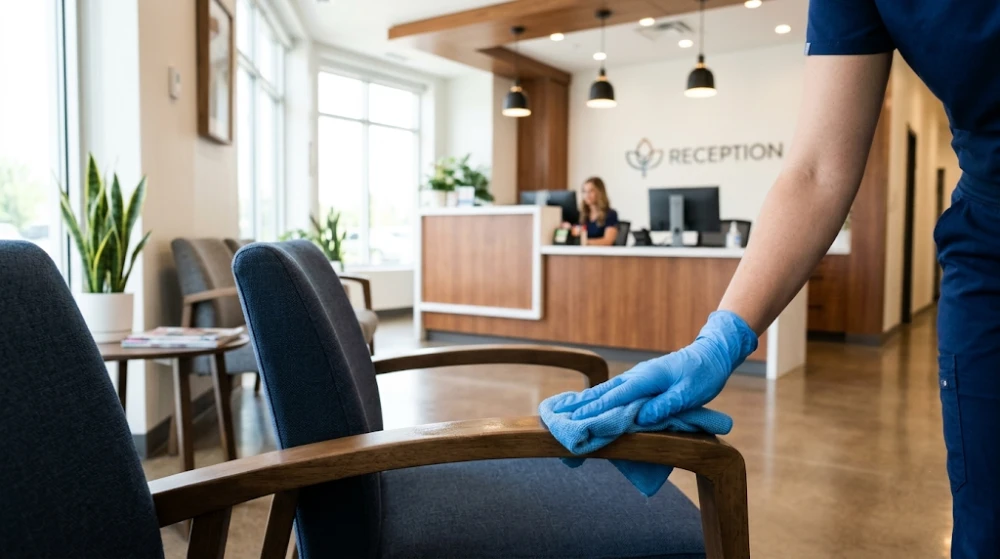 Sanitizing high-touch points like waiting room chairs in a medical office