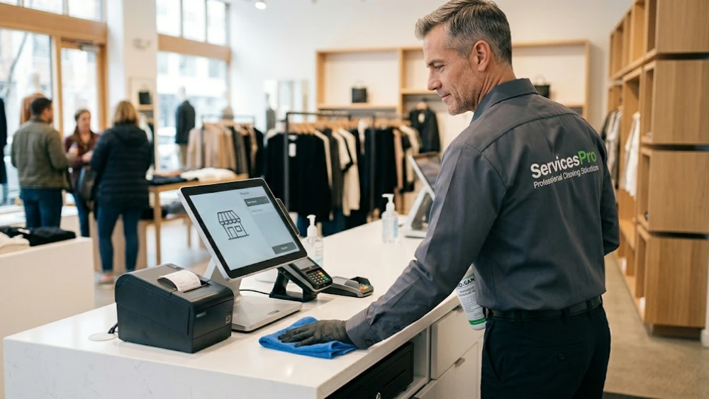 A commercial cleaner sanitizing high-touch retail surfaces like checkout counters and POS terminals to maintain store hygiene.