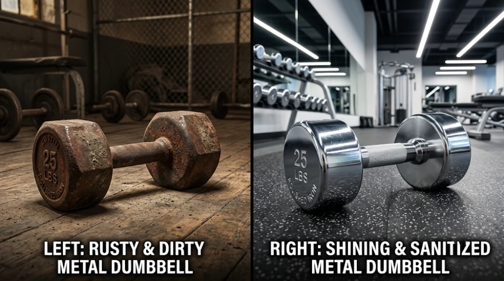 Before and after of a rusty dumbbell versus a clean sanitized dumbbell.