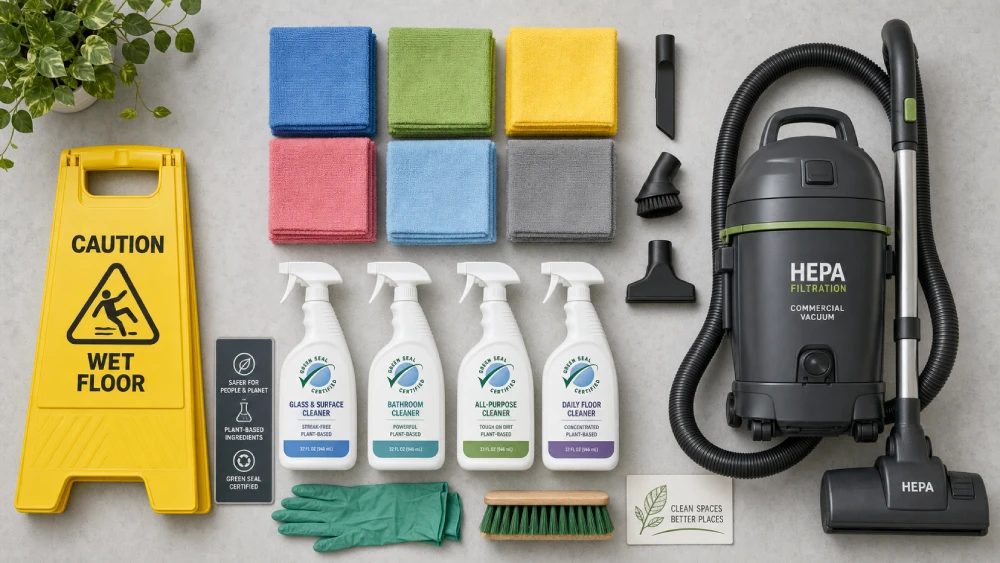 commercial cleaning services Professional eco-friendly cleaning products and HEPA vacuum used by janitorial services.
