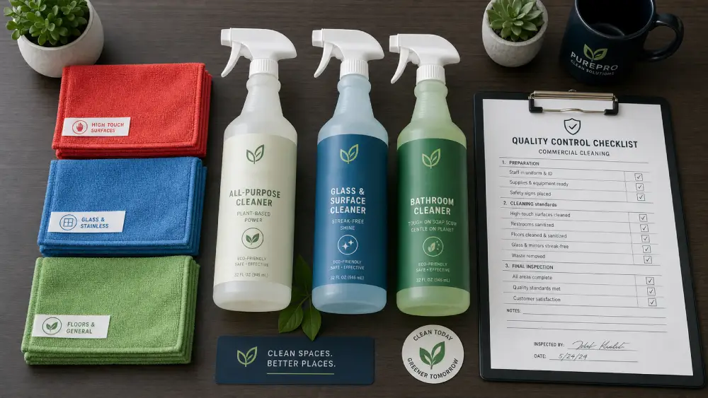 Eco-friendly commercial cleaning supplies including color-coded microfiber cloths and cleaning sprays.