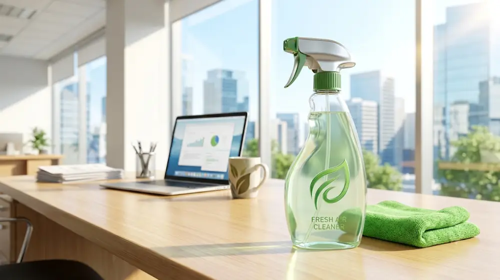 eco-friendly commercial cleaning Eco-friendly green cleaning products and a microfiber cloth on a modern office desk.