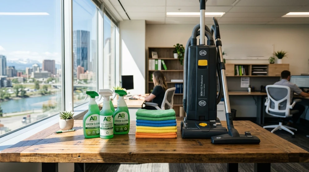 Professional commercial cleaner holding eco-friendly and non-toxic cleaning products with microfibre cloths in Calgary