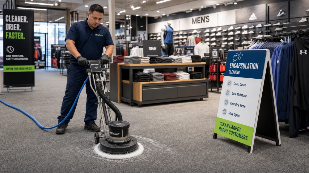 commercial cleaning company Canada A technician performing low-moisture encapsulation carpet cleaning in a retail store for fast drying times.