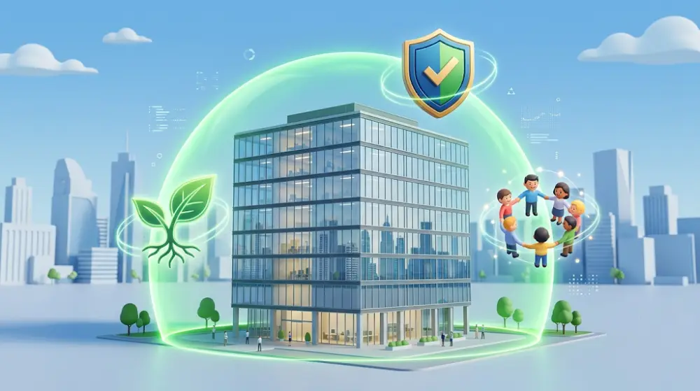 sustainable commercial cleaning Illustration representing Environmental, Social, and Governance (ESG) strategies achieved through green cleaning.
