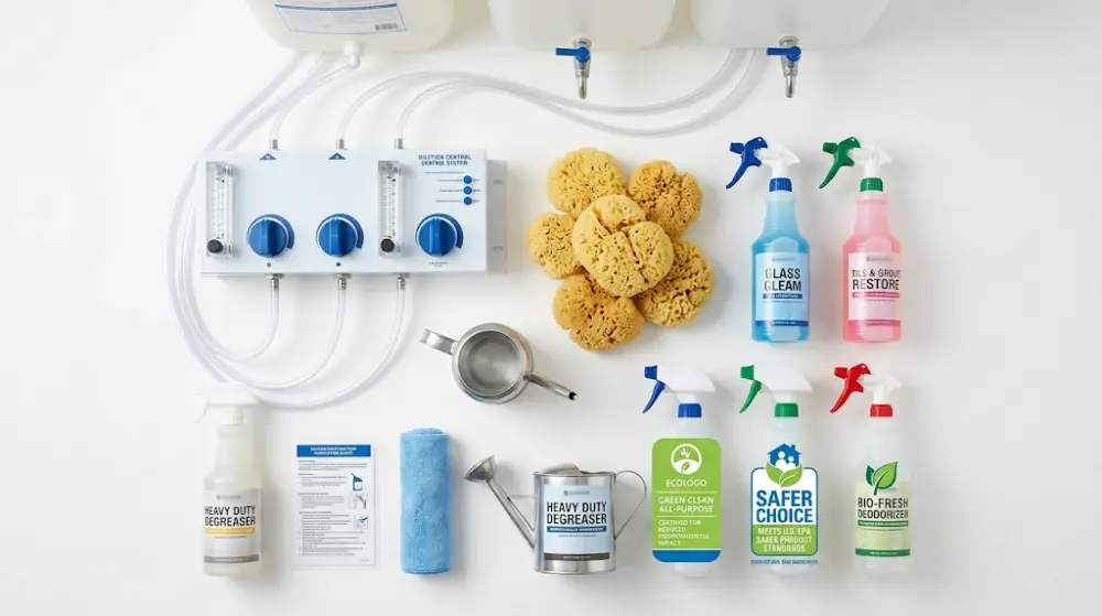 green cleaning services Canada Certified eco-friendly commercial cleaning supplies displaying environmental safety certifications.