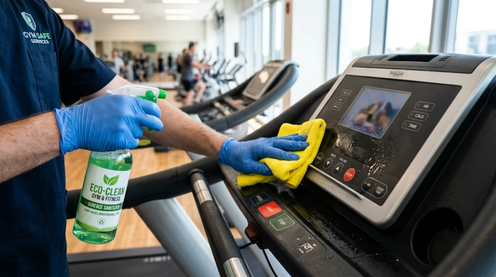 Commercial cleaner wiping down treadmill equipment with microfiber cloth.