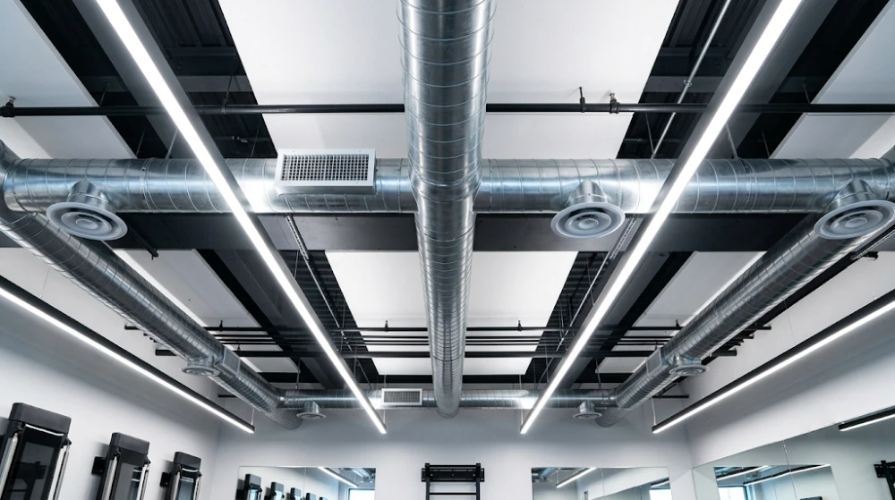 Clean HVAC vents in a gym ceiling improving indoor air quality.