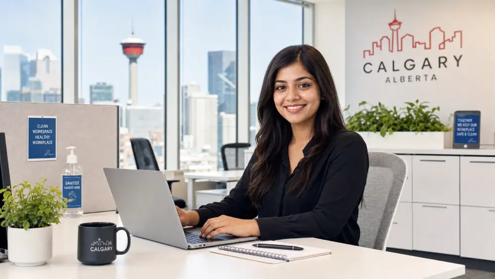 Happy employee working efficiently in a deeply cleaned and sanitized corporate office environment.