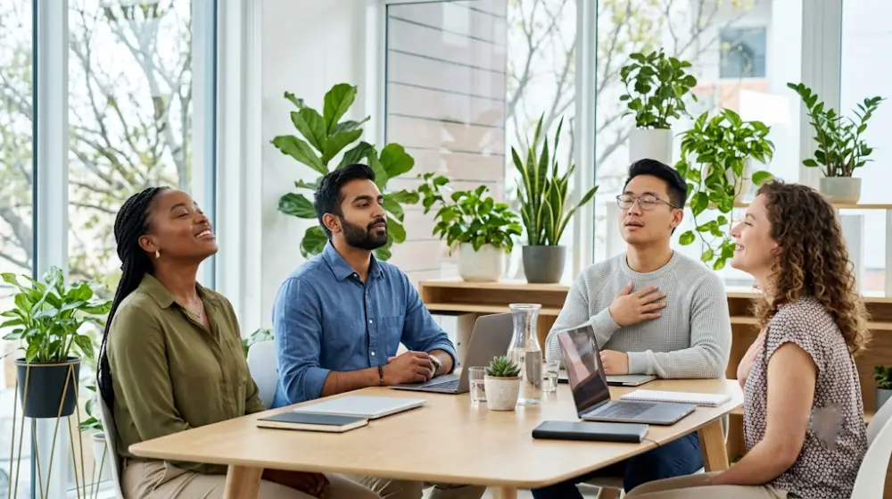 green cleaning company Canada Happy employees enjoying healthy indoor air quality in a clean office environment.