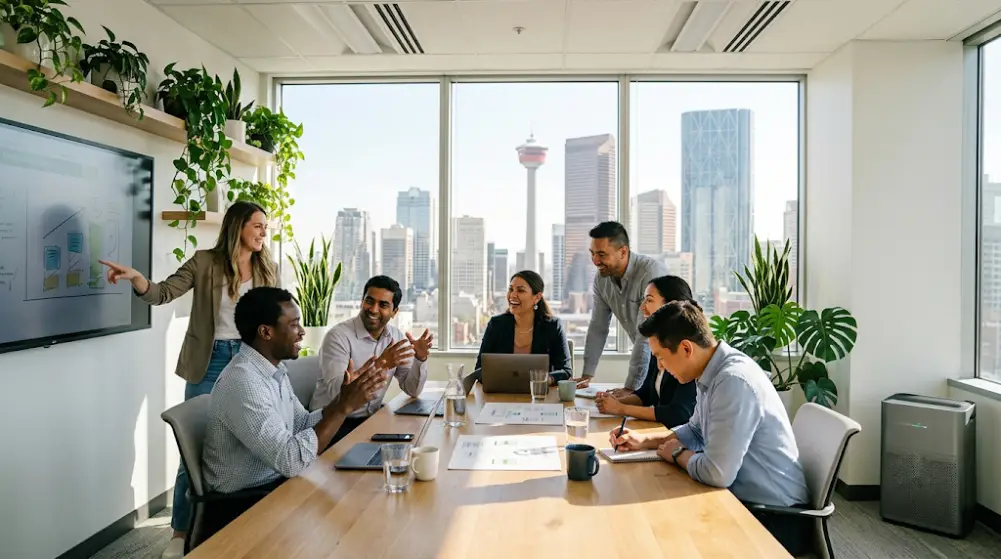 Happy employees working in a healthy corporate office with good indoor air quality.