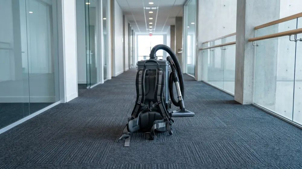 A commercial HEPA vacuum cleaner resting on freshly vacuumed office carpets.