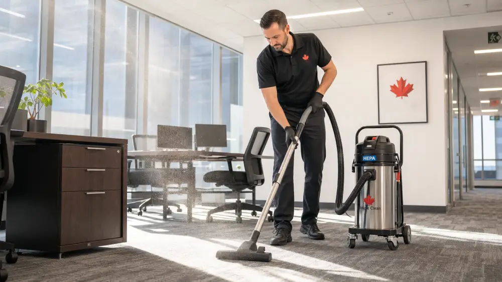 commercial cleaning and indoor air quality Professional cleaner using a HEPA-filter vacuum in a modern Canadian office to improve indoor air quality.