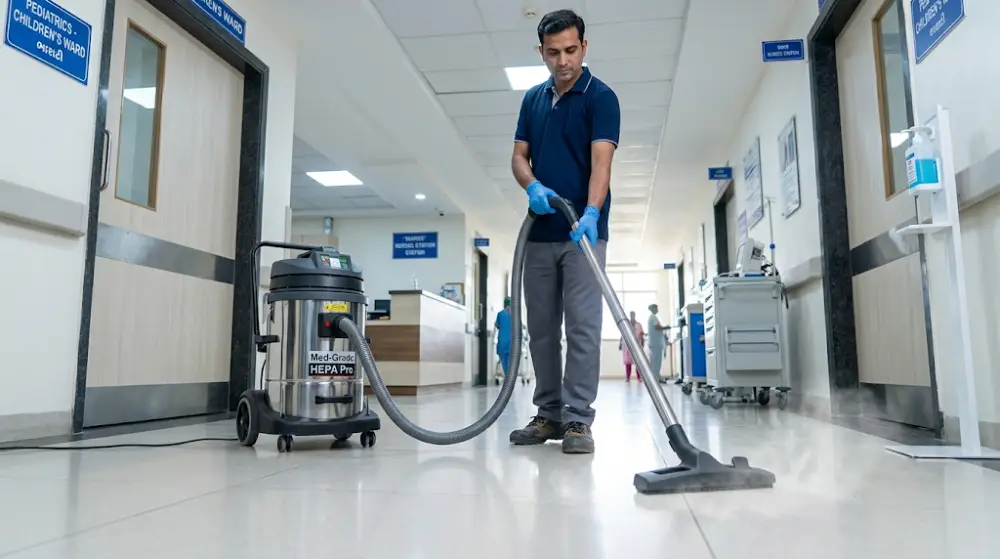Professional cleaner using an industrial HEPA filter vacuum cleaner on clinic floors to improve indoor air quality and eliminate allergens.