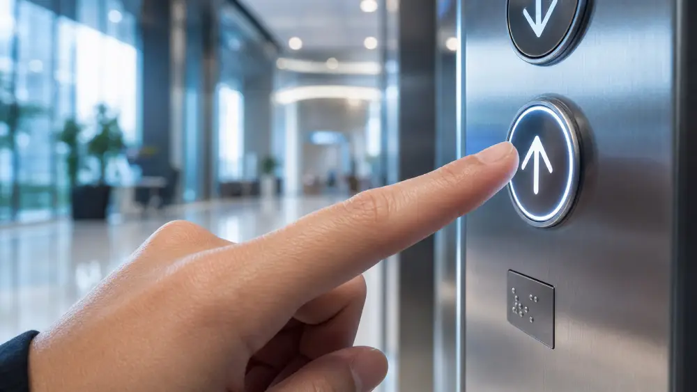 Close-up of an elevator button, representing common high-touch surfaces that require frequent commercial cleaning.