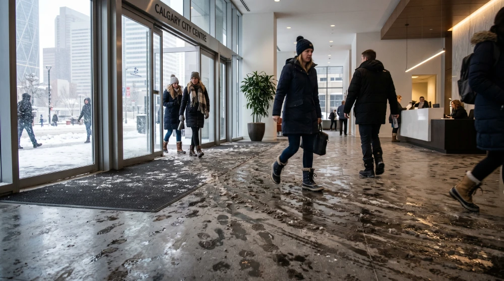 commercial cleaning Calgary office frequency A busy Calgary office lobby showing winter slush and mud tracked across the floor, demonstrating the need for daily commercial cleaning.