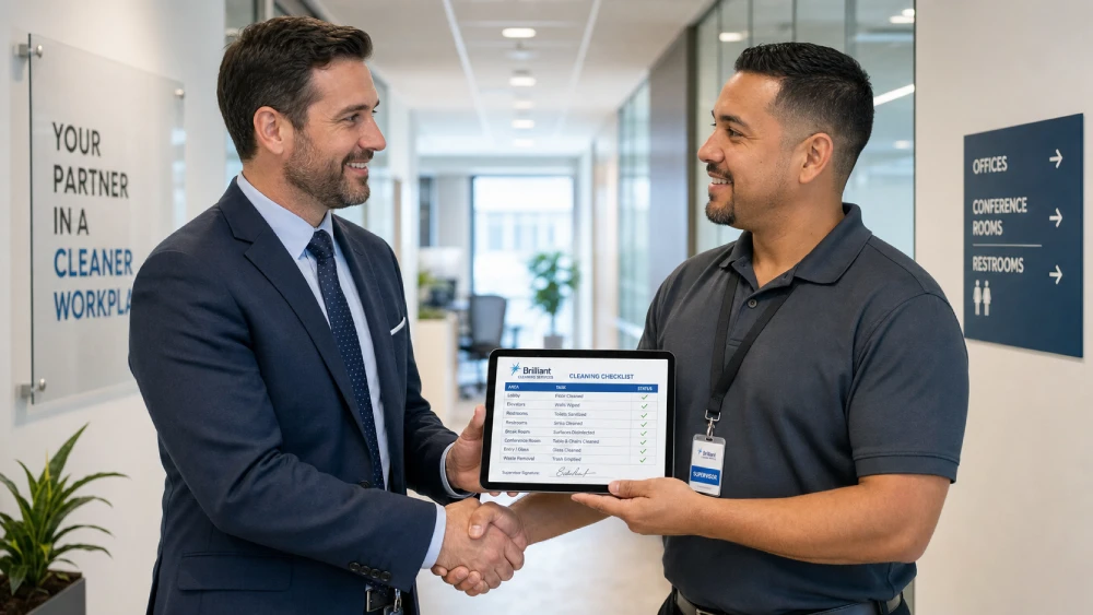 professional commercial cleaning Facility manager and commercial cleaning supervisor agreeing on a customized cleaning plan
