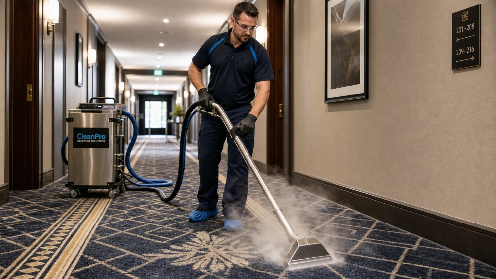 professional carpet cleaning services A professional carpet cleaner utilizing the hot water extraction method to deep clean a commercial corridor